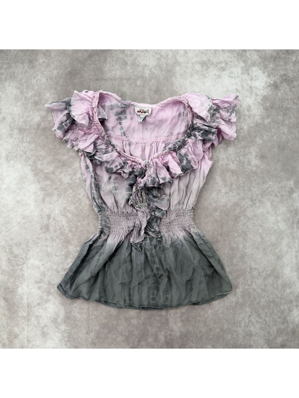 uRthe1 Vintage Y2K Tie Dye Ombre Ruffle Smocked Viscose Blouse Top Small